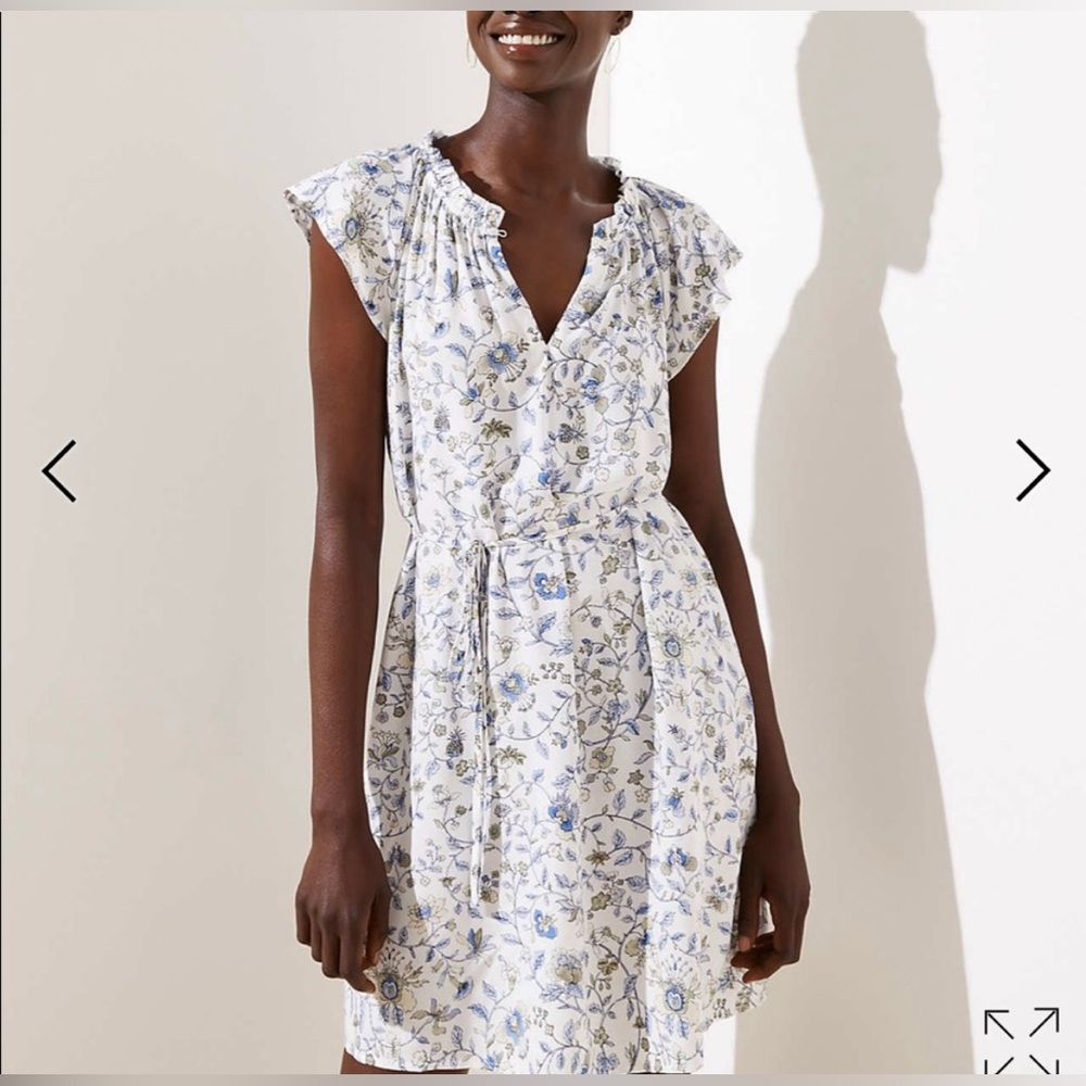 🆕 NWT LOFT Women's Ruffled Short Sleeve Floral Dress Midi Length White/Blue - Picture 1 of 11